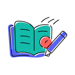 Workbook. Open book with pencil and red circle on white background  