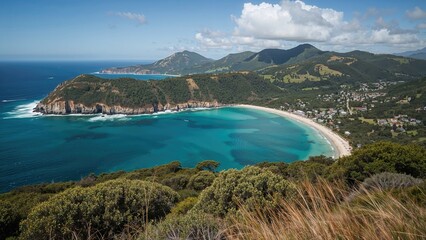 Obraz premium An impressive aerial snapshot showcasing a bay nestled inside a famous World Heritage location in the Pacific area.