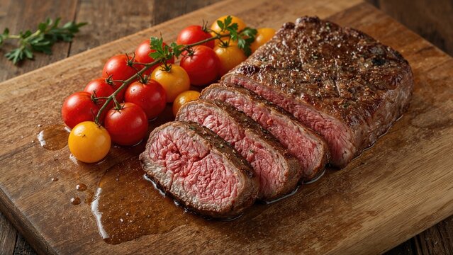 Sliced medium rare beef fillet steak medallions displaying tender red meat on a wooden cutting board accompanied by tomatoes