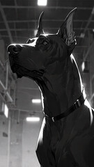 A sleek black dog with pointed ears stands alert indoors, its collar neatly in place