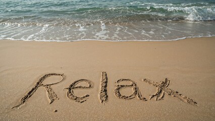 Words drawn in sand beside tranquil waters for a relaxing moment
