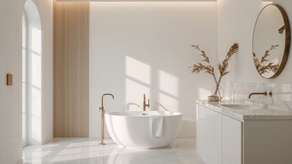 Home interior art featuring white bathroom and kitchen decor