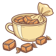 Delicious caramels in a cup and unwrapped on white background