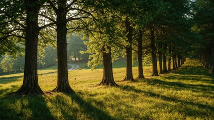 Obraz premium Natural forest environment showcasing sunlight and shaded areas over trees and grassy ground