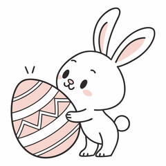 Cute bunny hugging a pink easter egg isolated on white background