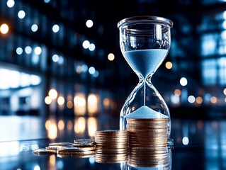 Hourglass with flowing sand and stacked coins on reflective surface symbolizing the balance of time and money