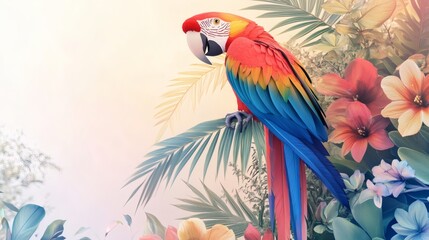 Fototapeta premium Vibrant parrot amidst tropical flowers and foliage.