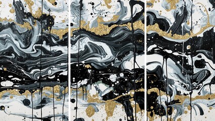 Three-panel abstract artwork with smeared and blotted acrylic paint on a horizontally textured background in black, white, and gold glitter.
