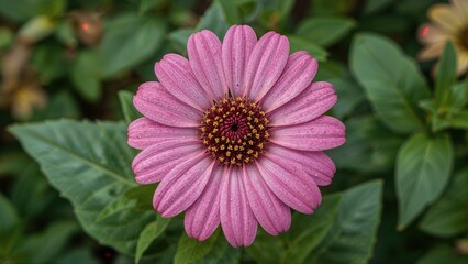 A pink zinnia flower displaying faintly fading petals and dark pink pistils with delicate yellow-green flecks at the center, surrounded by dense green leaves with a softly blurred greenery background