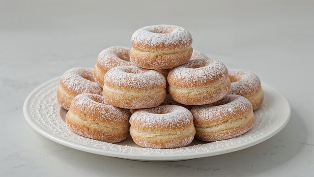 Assortment of sweet, hole-centered doughnuts sprinkled with sugar powder resting on a white plate on a table, horizontal view, empty scene, studio photo.