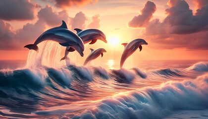 jumping dolphins sunset over the sea