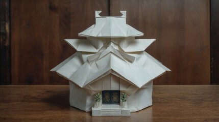 Elegant Paper Craft Creation: Detailed Origami Pagoda Against Warm Wood Backdrop