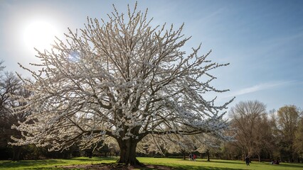Fototapeta premium White plum flowers unfold under the spring sun in the park.