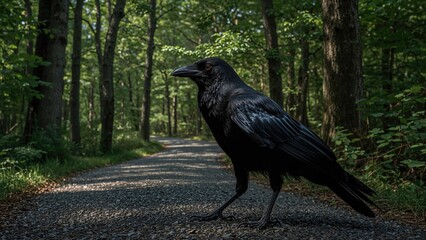 Fototapeta premium Large black bird (Corvus corax) navigating a gravelly trail
