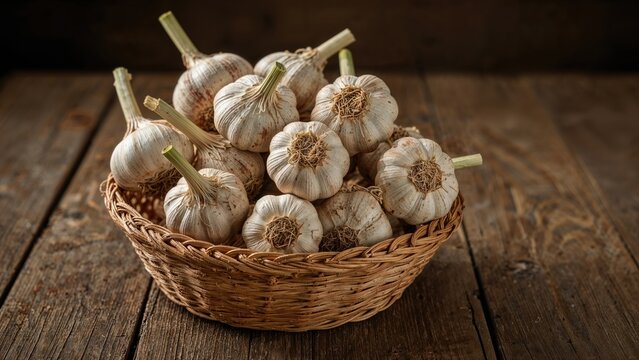 Wooden table displaying garlic bulbs inside a braided basket