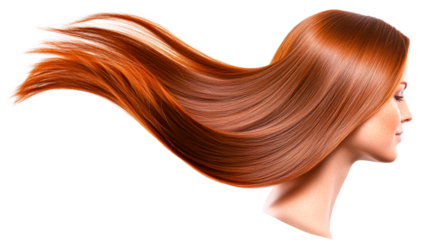 Flowing red hair in motion with a transparent background