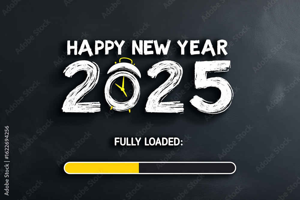 Poster anticipation builds happy new year 2025 fully loaded countdown with clock and progress bar on dark b