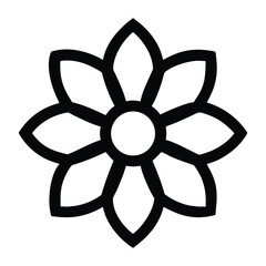 Minimalist eight-petal flower icon. Simple black floral outline graphic.