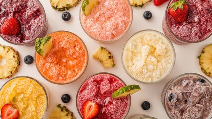Nine flavored smoothies displayed in glasses alongside fruit