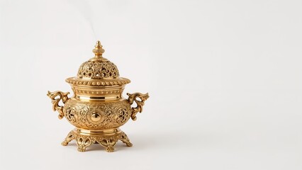 Black and gold incense holder emitting smoke isolated on white