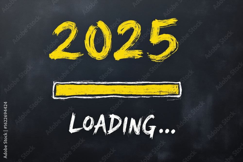 Poster anticipation for the year 2025 displayed with a loading bar on a dark chalkboard background concept