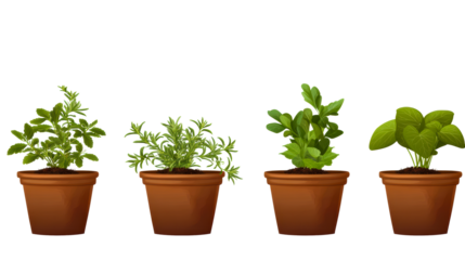 Fresh herbs in terracotta pots arranged on a transparent background