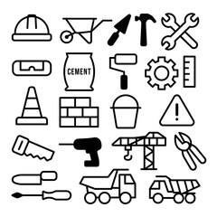 
Illustration showing black icons of building materials and everything related to construction on a white background