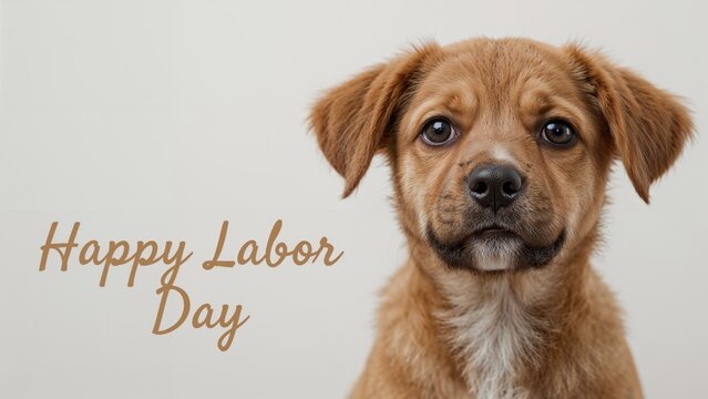 Charming dog with congratulatory text for Labor Day in a studio setting.
