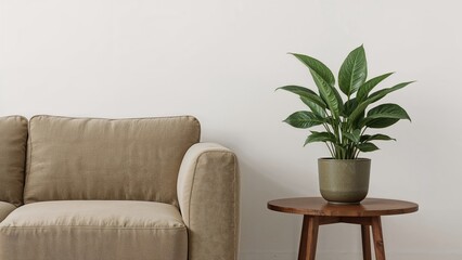 Mock-up of a cozy living space wall with a soft armchair, greenery, and a compact side table
