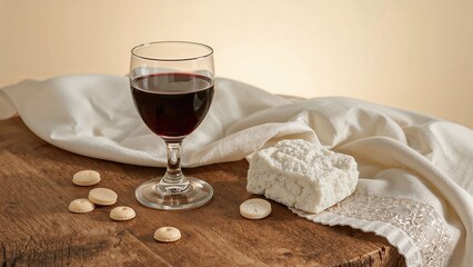 Sacramental wine and bread arranged on a rustic wooden surface for a sacred ceremony.