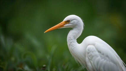 Obraz premium Close-up profile of a cattle egret featuring vibrant white and orange plumage against a lush backdrop