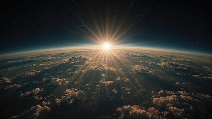 Sunlit mountain dawn with a novel earth and heaven theme