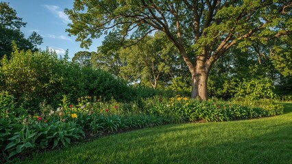 Obraz premium Summer daylight illuminating rich green leaves, plants, flowers, grass, and a natural backdrop