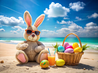 Easter bunny with sunglasses and easter eggs basket on the beach, summer holiday