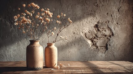 Dried flowers in aged vases on wooden table