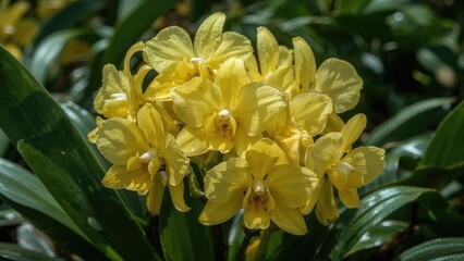 Cluster of vibrant yellow Vanda orchids with lush foliage