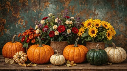 Trendy fall-themed composition with bright autumn flowers, pumpkin, and pattypan squash on a rustic surface
