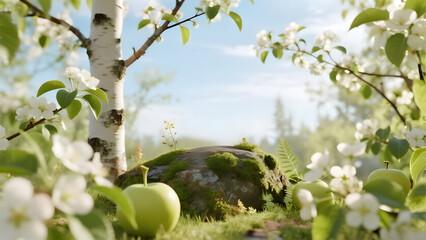 A wild boar foraging in a sunlit apple orchard during springtime bloom