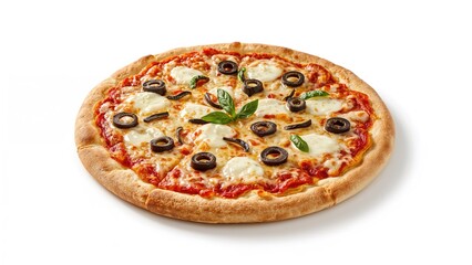 Crispy pizza topped with olives displayed on a white backdrop PNG