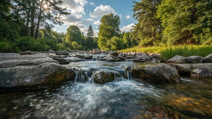 Obraz premium Calm natural stream winding past wet stones under gentle sunshine