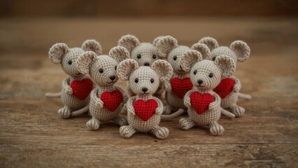 Obraz premium Soft knitted rodents hugging red heart shapes