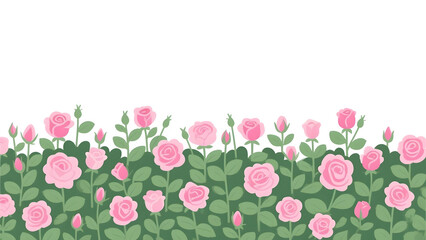 A beautiful border of pink roses and green leaves against a white background