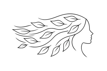 Silhouette profile a woman with flowing hair made leaves head face