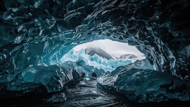 Frozen cave inside an active volcano