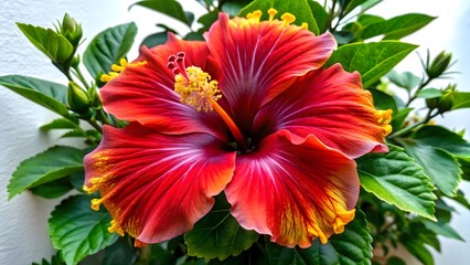 Obraz premium Hibiscus flower: A vibrant hibiscus flower, with its stunning red and yellow petals, displays the intricate details of nature in full bloom.