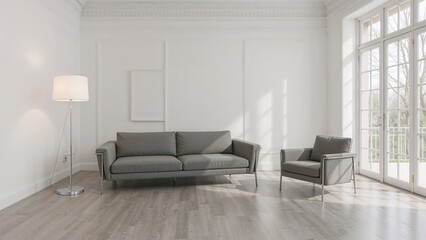 Large living space furnished with a grey sofa and single chair