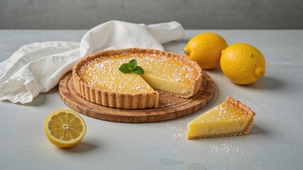 Close-up of a lemon tart placed on a wooden surface with lemons and a cloth on a gray backdrop