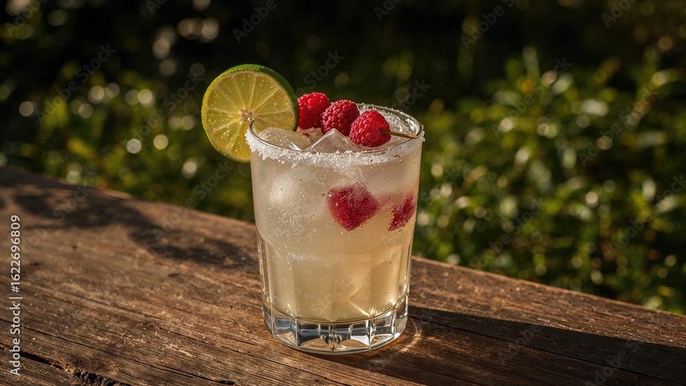 Poster refreshing lime and raspberry mixed drink against a natural backdrop