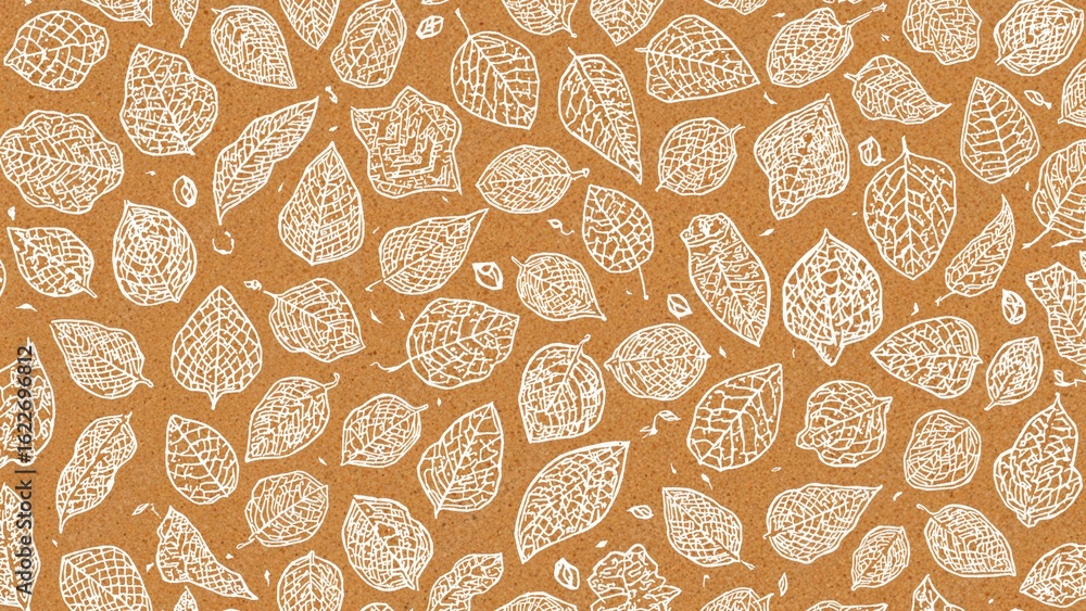 Poster repeated 2d illustrated pattern of skeleton leaves in monochrome print style with a lino cut look on