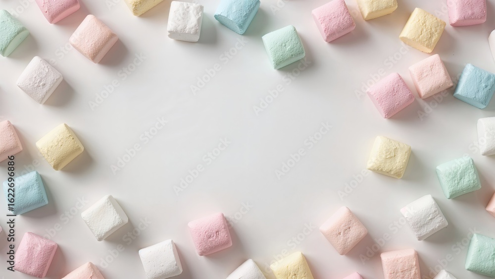 Poster flat lay of assorted marshmallows on plain white background